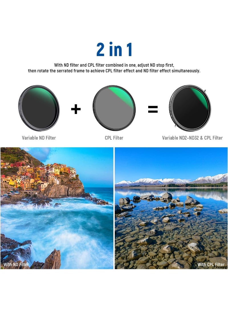Neewer 2 in 1 77mm Variable ND Filter ND2–ND32&CPL Filter(Circular Polarizer Filter) No X Cross/30 Layer Nano Coated/HD Optical Glass/Ultra Slim Aluminum Alloy Frame/Water Repellent/Scratch Resistant - Image 2