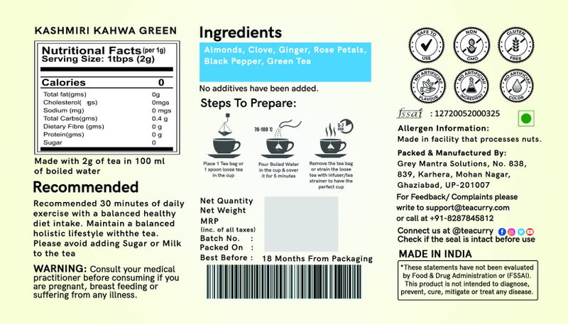 TEACURRY Kashmiri Kahwa Detox Green Tea - 75 Grams Loose Tea | Almond, Rose, Cardamom, Cinnamon, Green Tea | Kashmiri Kahwa Green Tea Helps in Weight Loss, Immunity & Digestion - Image 5