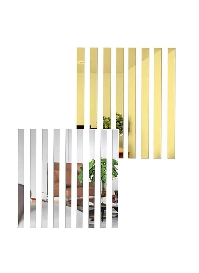 erorex Mirror Wall Stickers Striped Design 20 Pcs Mirror Art Tile Decal Diy Self Adhesive Wall Line Border Decals Acrylic Mirror Strips Removable For Home Art Wall Decor 5 * 20Cm Sliver And Gold  - Image 1