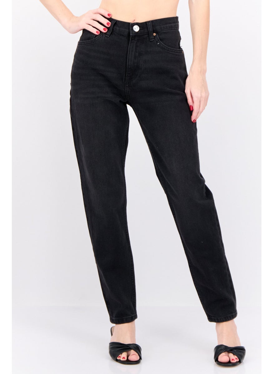 MANGO Women Mom Fit High Rise Skinny Leg Stretchable Denim Jeans, Black  - Image 1