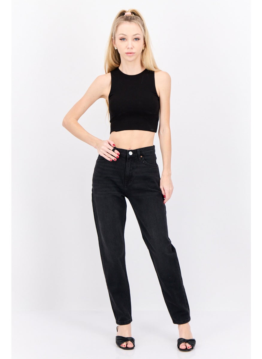 MANGO Women Mom Fit High Rise Skinny Leg Stretchable Denim Jeans, Black  - Image 4