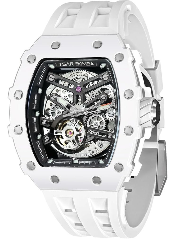 TSAR BOMBA ساعات TSAR BOMBA الميكانيكية الأوتوماتيكية الفاخرة للرجال - حركة يابانية من زجاج الياقوت - مقاومة للماء حتى 50 مترًا - ساعات يد مربعة بسوار من السيليكون مضيئة هدايا أنيقة للرجال TB8208C-07 - Image 2