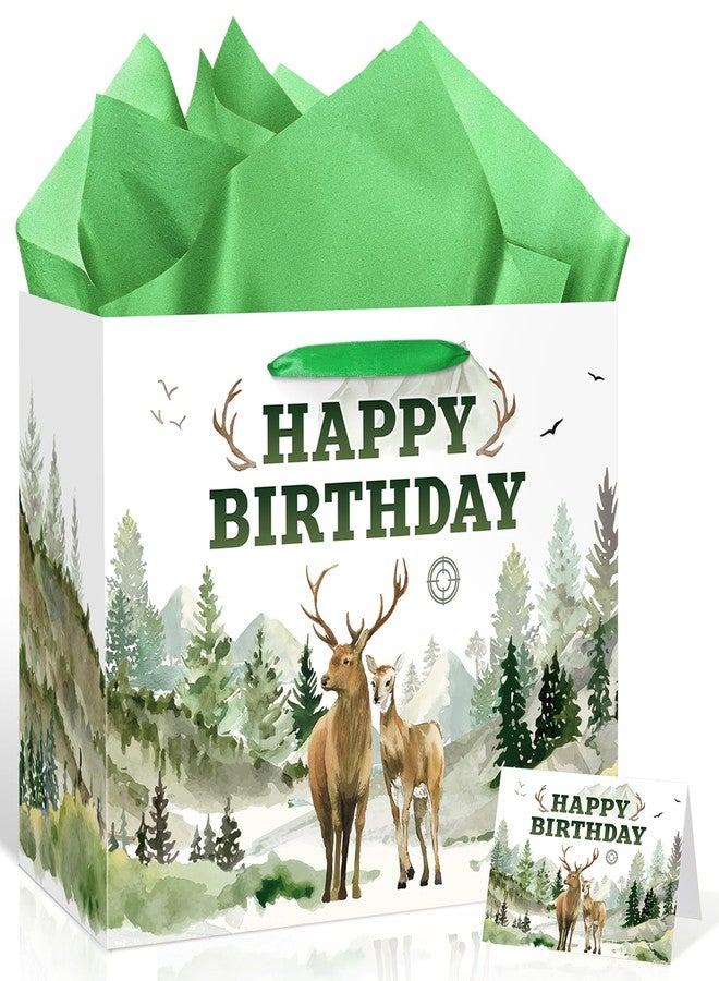 LUUFILx Deer Hunting Birthday Gift Bags with Tissue Paper Greeting Card Deer Wrapping Paper Goodie Bag for Boys Girls Newborn Adults Gone Hunting Themed Bday Party Baby Shower Favors Wrap Decorations Supplies - Image 1