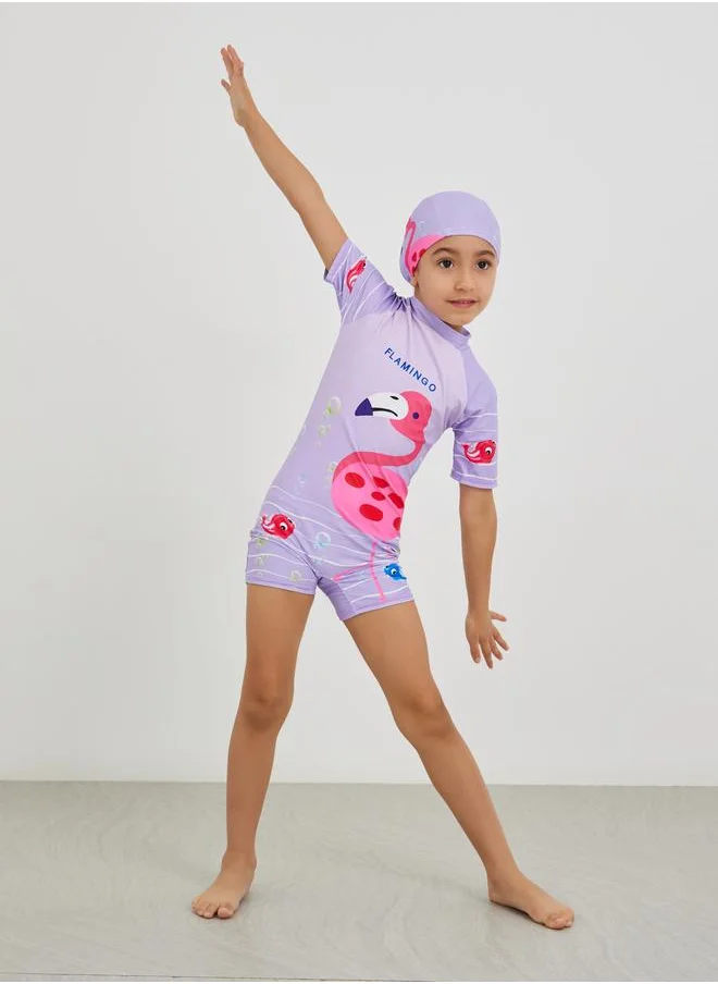 ستايلي Styli Graphic Print Swimsuit with Cap