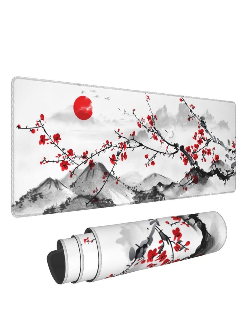 Watercolor Japanese Hills Cherry Blossom Gaming  Mouse Pad Mat XL Size Anti Slip Base – Speed Edition | 70 X 30 cm - Image 1
