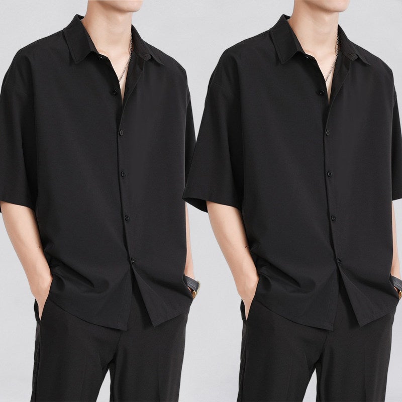 Ice silk shirt men's short-sleeved summer fashion brand men's casual jacket high-end sense of rogue handsome five-point sleeve black shirt - Image 1