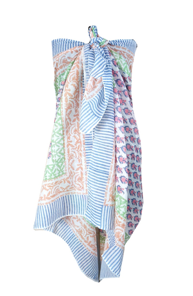 Hand block floral print cotton scarf beach sarongs soft voile summer pario (Red&blue, 44x74) - Image 1