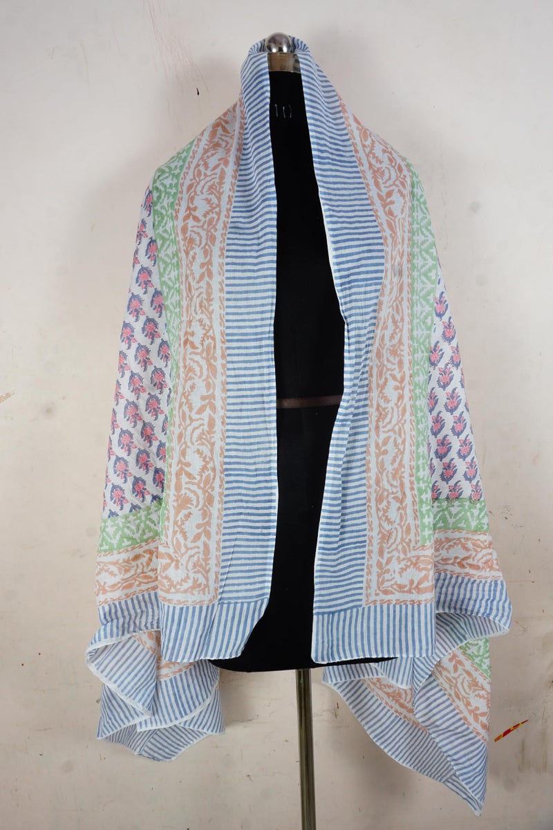 Hand block floral print cotton scarf beach sarongs soft voile summer pario (Red&blue, 44x74) - Image 4