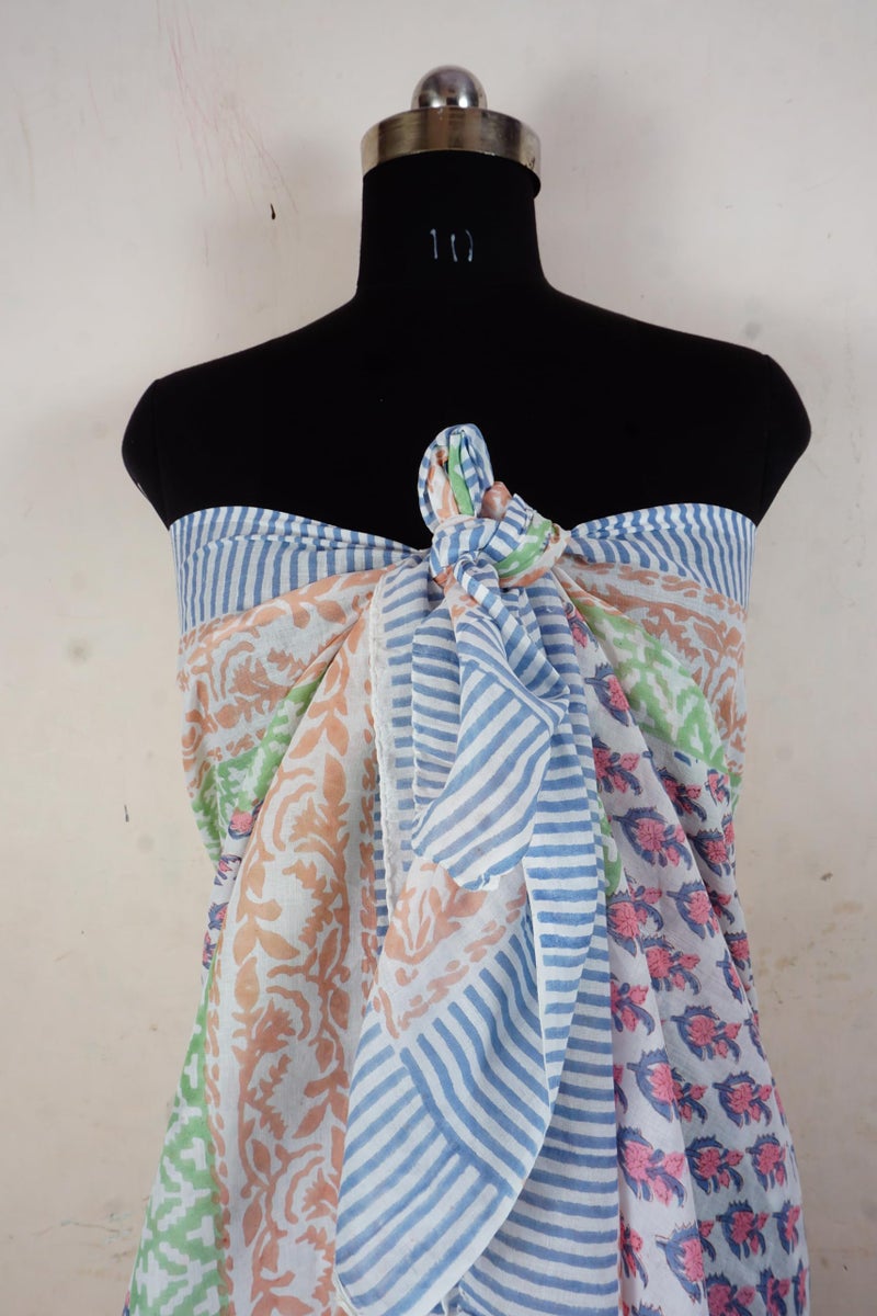 Hand block floral print cotton scarf beach sarongs soft voile summer pario (Red&blue, 44x74) - Image 2