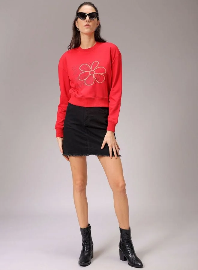 Freehand Women Relaxed Fit Floral Printed Crew Neck Long Sleeve Cropped Sweatshirt