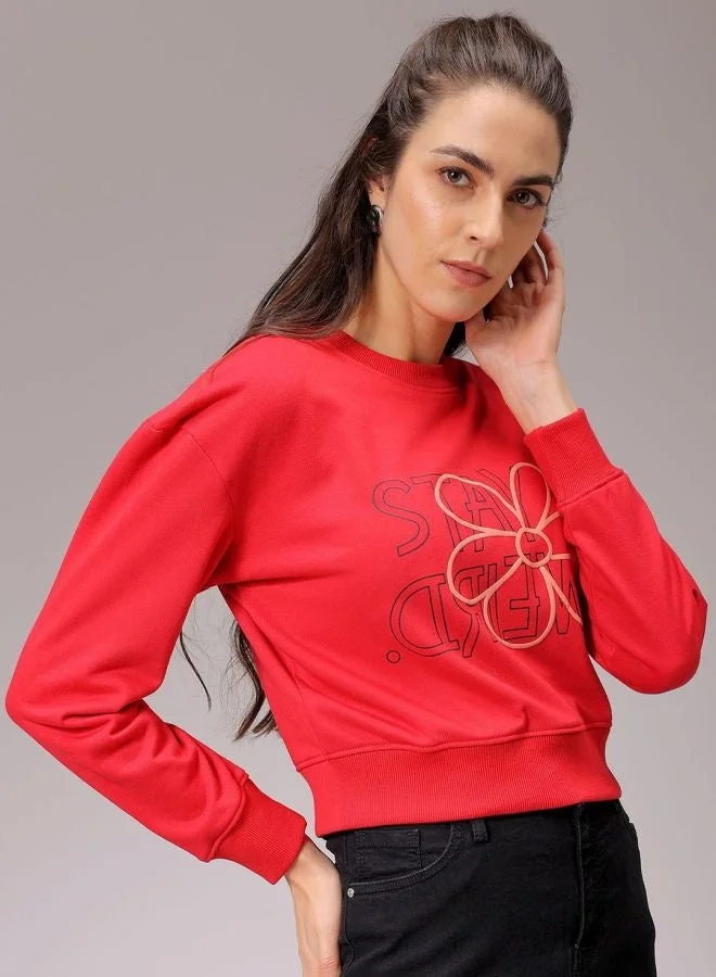 Freehand Women Relaxed Fit Floral Printed Crew Neck Long Sleeve Cropped Sweatshirt