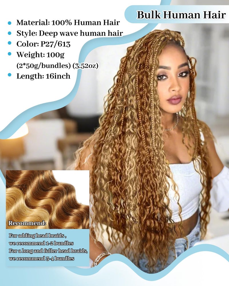 Flagship Human Braiding Hair for Boho Braids 16 Inch 2 Bundles 100g Deep Wave Bulk Human Boho Hair for Braiding 12A Virgin Curly Human Hair for Boho Knotless Braids Human Hair Bundles P27/613 - Image 2