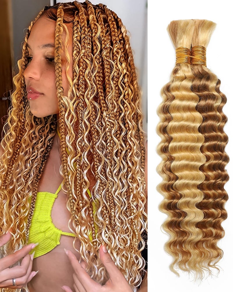 Flagship Human Braiding Hair for Boho Braids 16 Inch 2 Bundles 100g Deep Wave Bulk Human Boho Hair for Braiding 12A Virgin Curly Human Hair for Boho Knotless Braids Human Hair Bundles P27/613 - Image 1