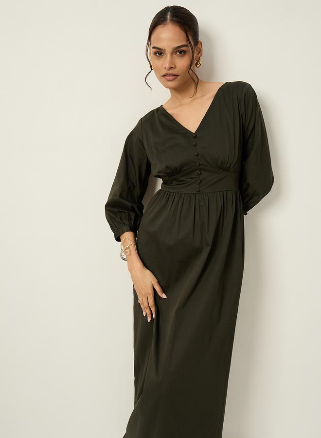 Femmella Olive Cotton Corset Detailing Maxi Dress - Image 2