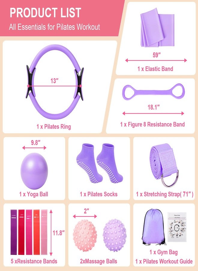 BYYNNE Home Pilates Kit for Women - 14 Pcs Pilates Equipment Set with Pilates Ring and Ball, 5 Resistance Bands Etc Accessories for Beginners Home Workouts - Includes Workout Guide (Purple) - Image 3