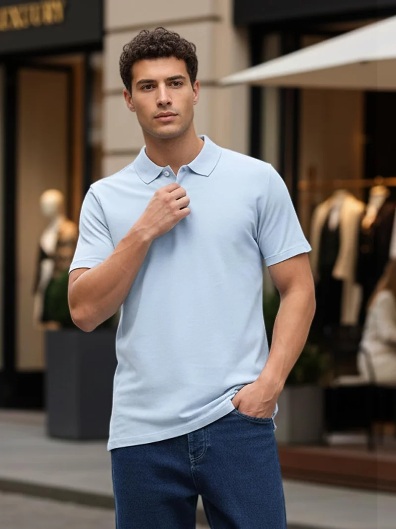 أوربانو فاشن Urbano Fashion Men's Light Sky Blue Solid Regular Fit Half Sleeve Cotton Polo T-Shirt