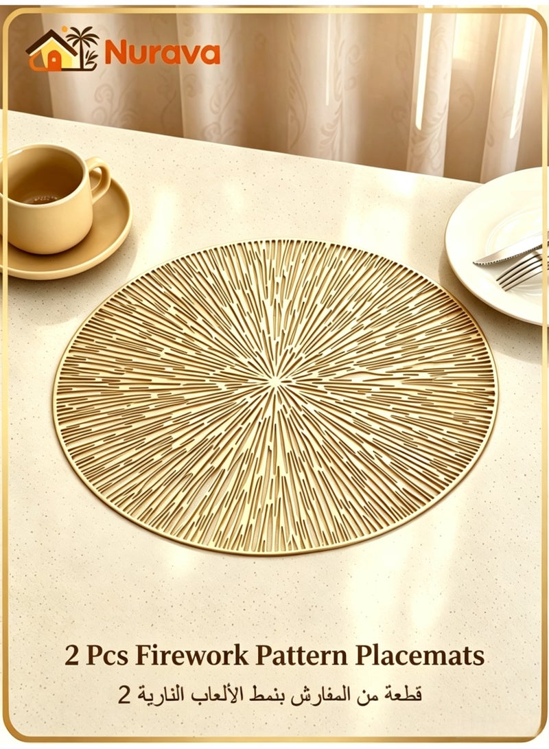 Nurava Firework Pattern Placemats Set of 2 Gold Vinyl Table Mats Heat Resistant Non Slip Place Mats for Dinning Table Setting Wedding Party Decoration - Image 1