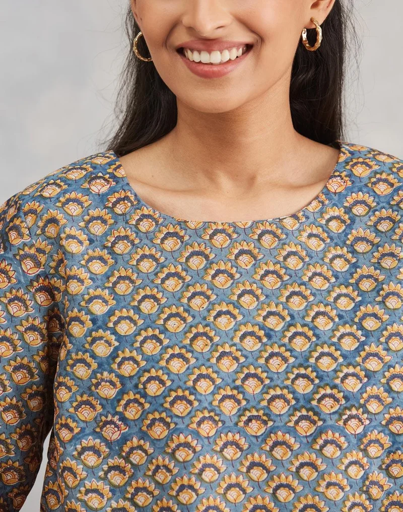 Fabindia  Blue Cotton Silk Hand Block Printed Short Top for Women | Best Price UAE