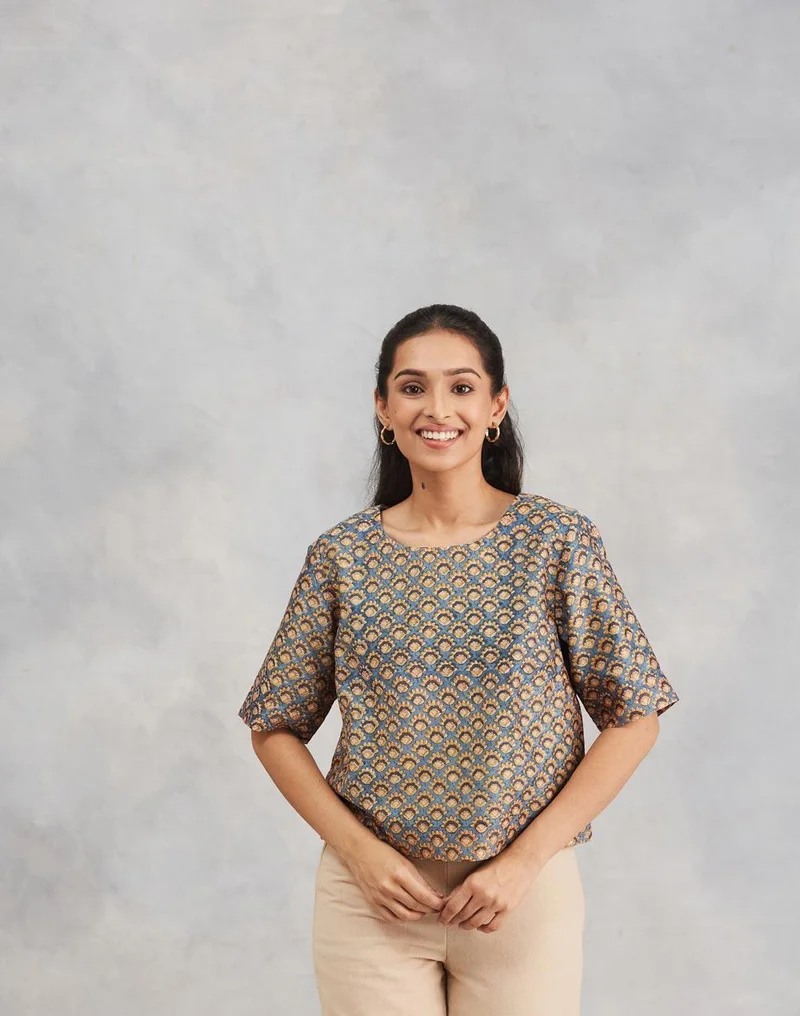 فاب انديا Blue Cotton Silk Hand Block Printed Short Top