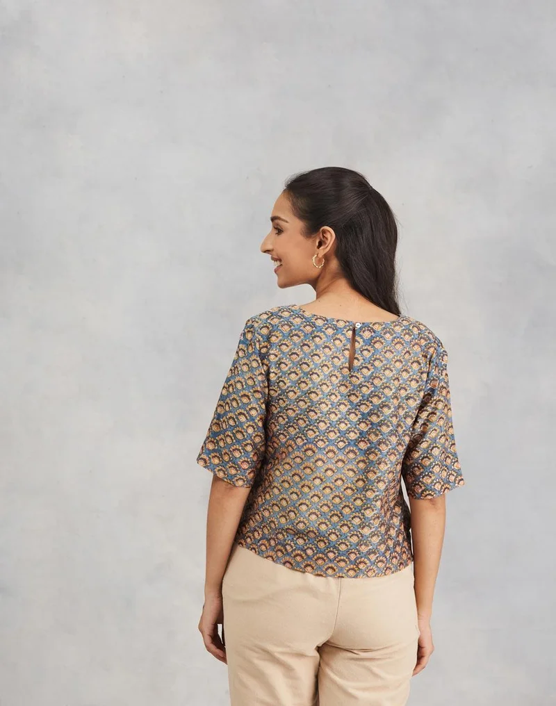 Fabindia  Blue Cotton Silk Hand Block Printed Short Top for Women | Best Price UAE