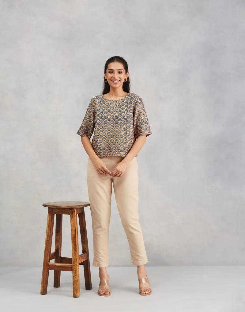 Fabindia  Blue Cotton Silk Hand Block Printed Short Top for Women | Best Price UAE