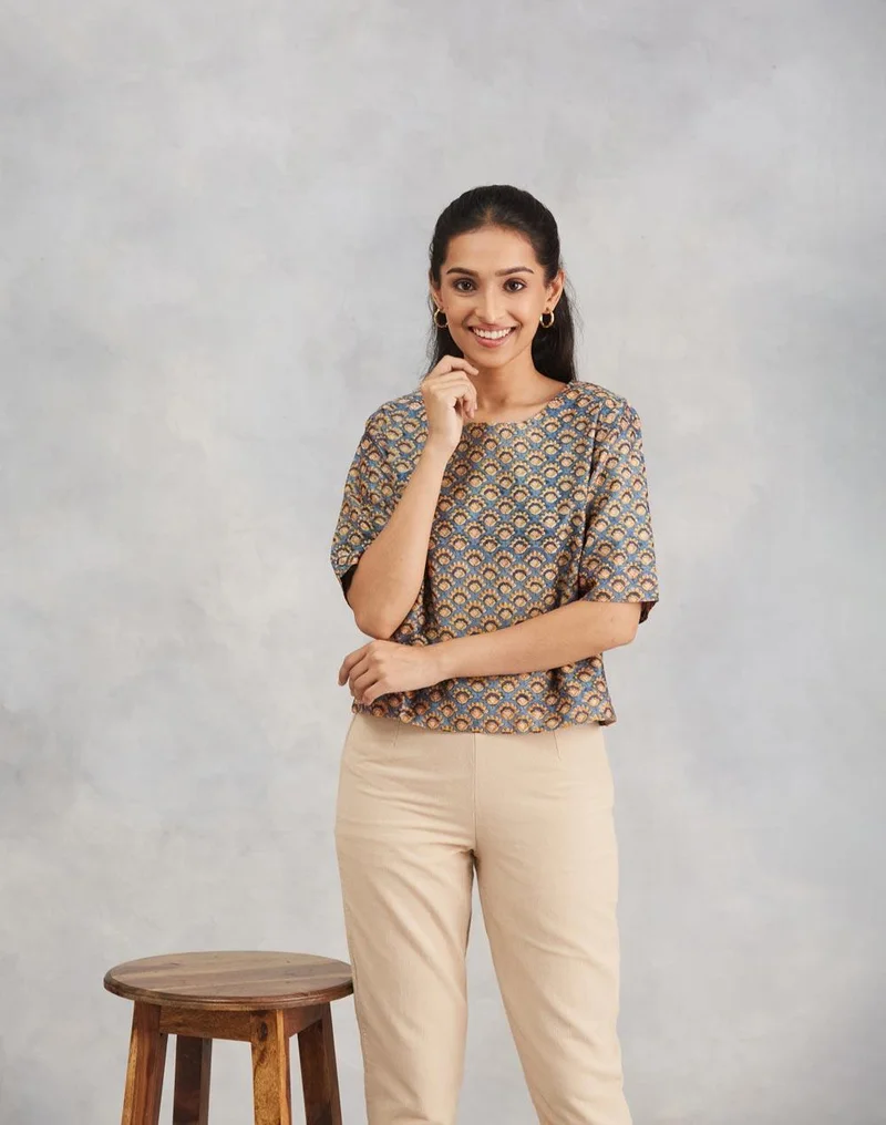 فاب انديا Blue Cotton Silk Hand Block Printed Short Top