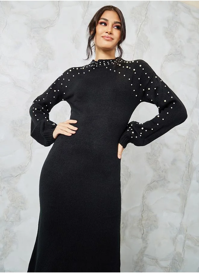 Styli Faux Pearl Studded Knit Sweater Midi Dress