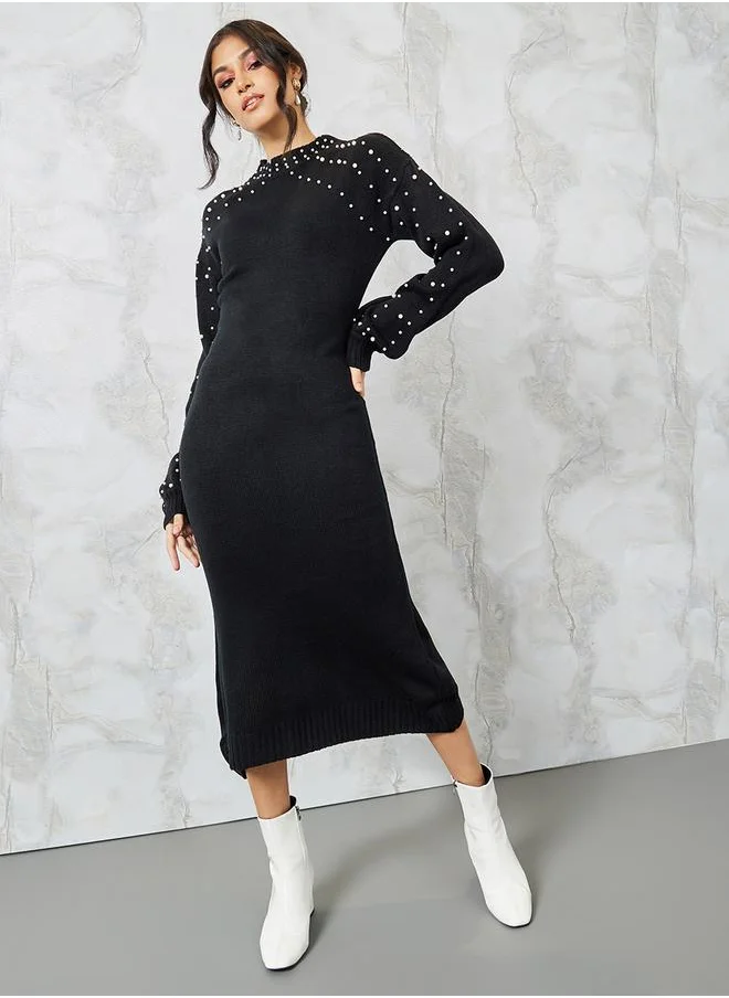 Styli Faux Pearl Studded Knit Sweater Midi Dress