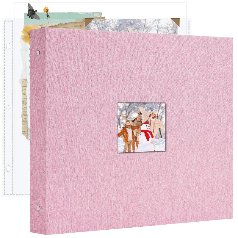 Hiwhy 12x12 Inch Large 3 Ring DIY Scrapbook Photo Album, Linen Cover Scrapbook with 20 Sheets Plastic Sleeves 40 Pages Memory Book for Wedding Birthday Baby Family (Pink) - Image 1