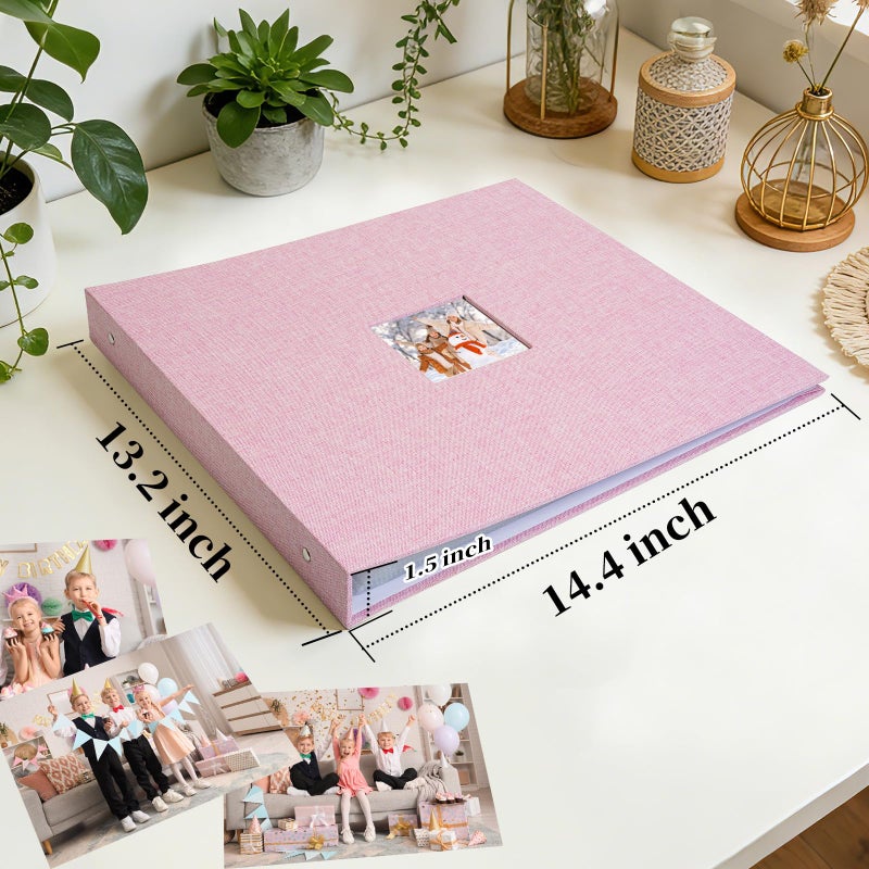 Hiwhy 12x12 Inch Large 3 Ring DIY Scrapbook Photo Album, Linen Cover Scrapbook with 20 Sheets Plastic Sleeves 40 Pages Memory Book for Wedding Birthday Baby Family (Pink) - Image 3