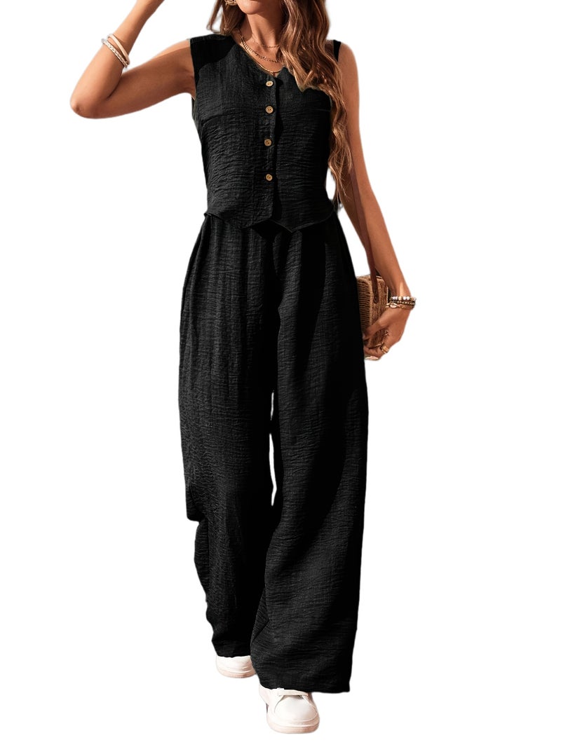 Women's Solid Color Front-Button Sleeveless Shirt and Trousers Casual 2pcs Set, Spring/Autumn Fashion, Elegant and Unique - Image 1