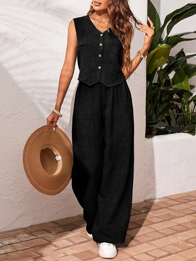 Women's Solid Color Front-Button Sleeveless Shirt and Trousers Casual 2pcs Set, Spring/Autumn Fashion, Elegant and Unique - Image 4