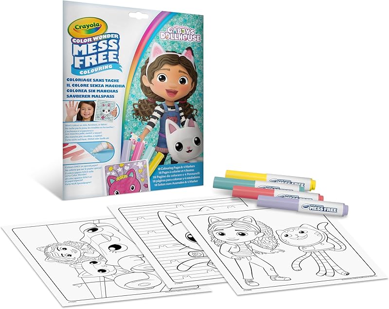 CRAYOLA - Color Wonder 75-5861 Colouring Set with 18 Colouring Pages and 4 Non-Staining Felt Tip Pens Theme Gabby's Dollhouse Creative Activity for Children 3,4,5 Years