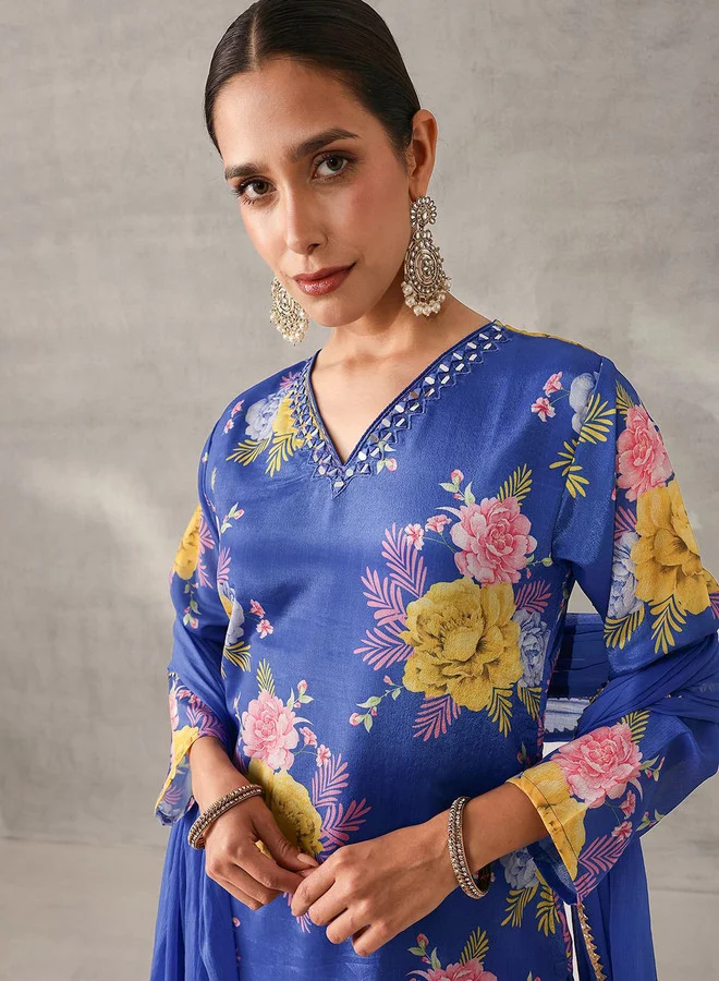 ISHIN Women's Blue Chinon Self Designed Tunic Upper Full Length Palazzo Bottom Regular Fit 3 Piece Kurta Set