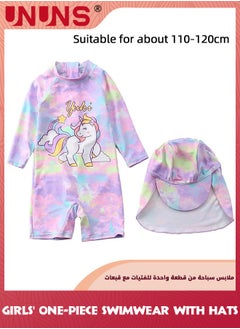 UNUNS One Piece Swimsuit Set For Baby Toddler,Little Kid Girls One-Piece Swimwear With Sun Protection Hat,Zipper Bathing Suit Beach Swimwear,Short Sleeves Guard Swimsuit Swimwear,Pink Unicorn  - Image 1