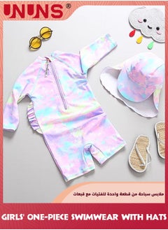 UNUNS One Piece Swimsuit Set For Baby Toddler,Little Kid Girls One-Piece Swimwear With Sun Protection Hat,Zipper Bathing Suit Beach Swimwear,Short Sleeves Guard Swimsuit Swimwear,Pink Unicorn  - Image 2
