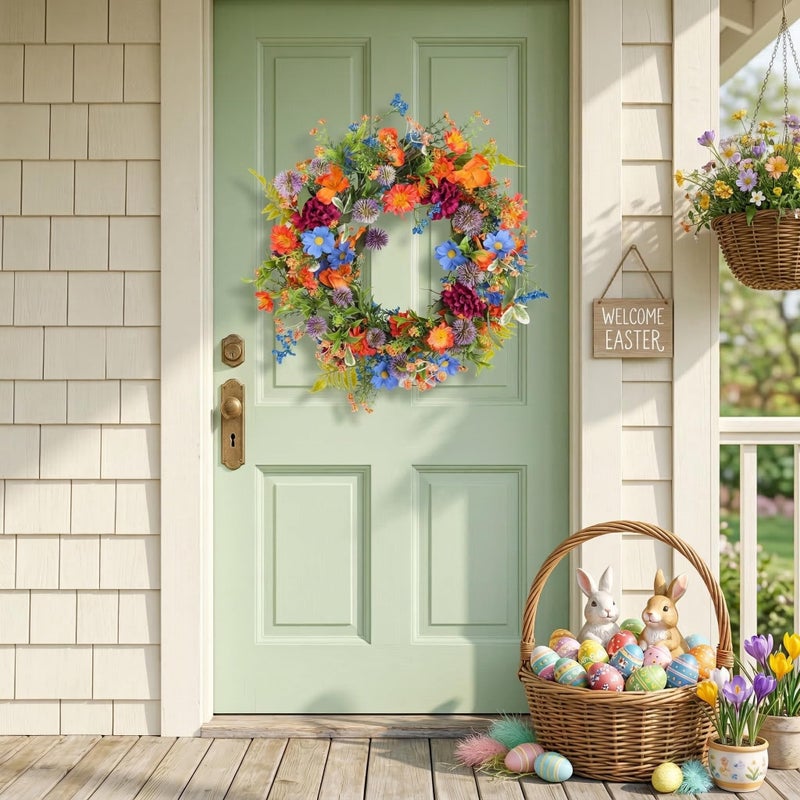 Montekin 20" Colorful Wildflower Spring Summer Wreath with Green Leaves, Floral Artificial Wreath for Front Door Home Wall Wedding Farmhouse Holiday Outdoor Indoor DÃ©cor (Orange) - Image 2
