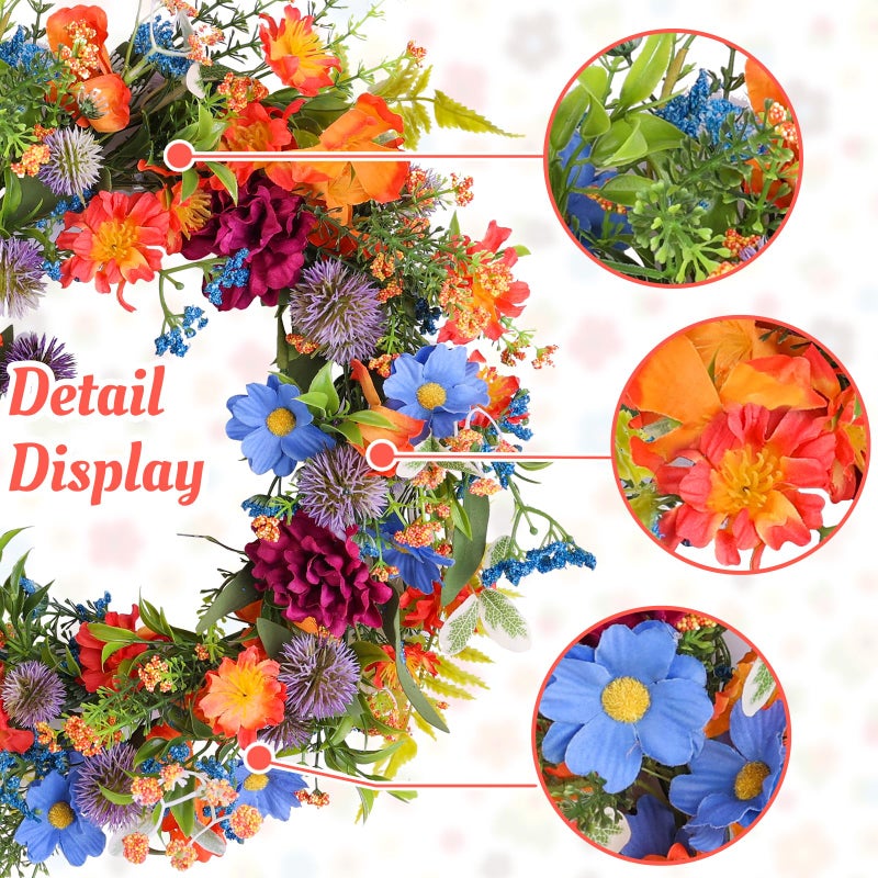 Montekin 20" Colorful Wildflower Spring Summer Wreath with Green Leaves, Floral Artificial Wreath for Front Door Home Wall Wedding Farmhouse Holiday Outdoor Indoor DÃ©cor (Orange) - Image 3