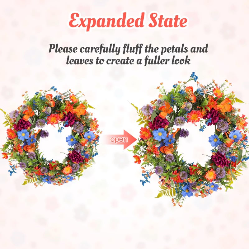 Montekin 20" Colorful Wildflower Spring Summer Wreath with Green Leaves, Floral Artificial Wreath for Front Door Home Wall Wedding Farmhouse Holiday Outdoor Indoor DÃ©cor (Orange) - Image 4