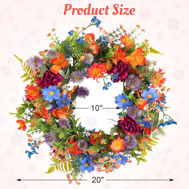 Montekin 20" Colorful Wildflower Spring Summer Wreath with Green Leaves, Floral Artificial Wreath for Front Door Home Wall Wedding Farmhouse Holiday Outdoor Indoor DÃ©cor (Orange) - Image 5