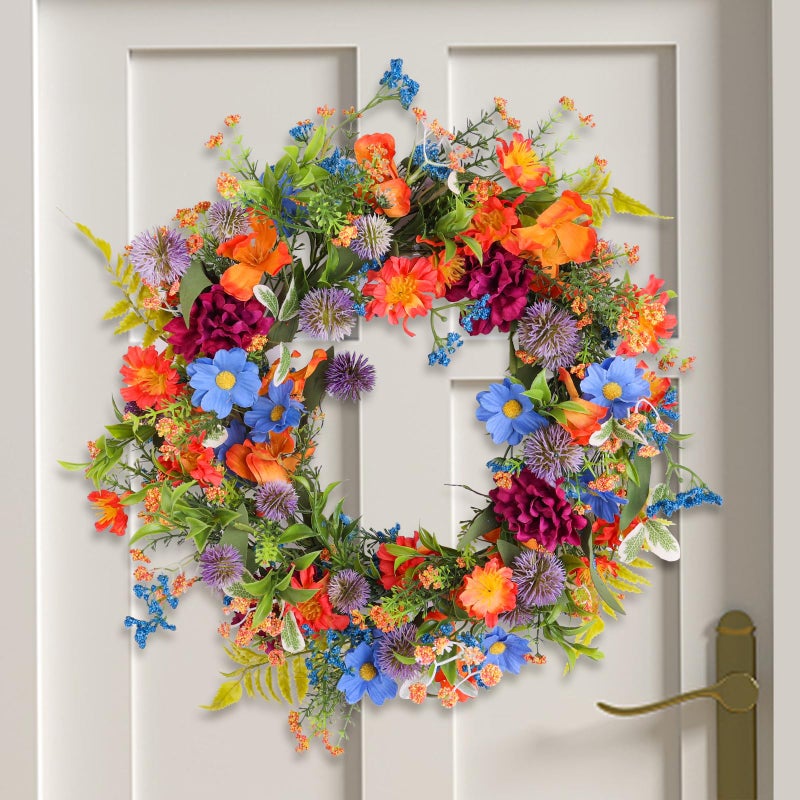 Montekin 20" Colorful Wildflower Spring Summer Wreath with Green Leaves, Floral Artificial Wreath for Front Door Home Wall Wedding Farmhouse Holiday Outdoor Indoor DÃ©cor (Orange) - Image 1