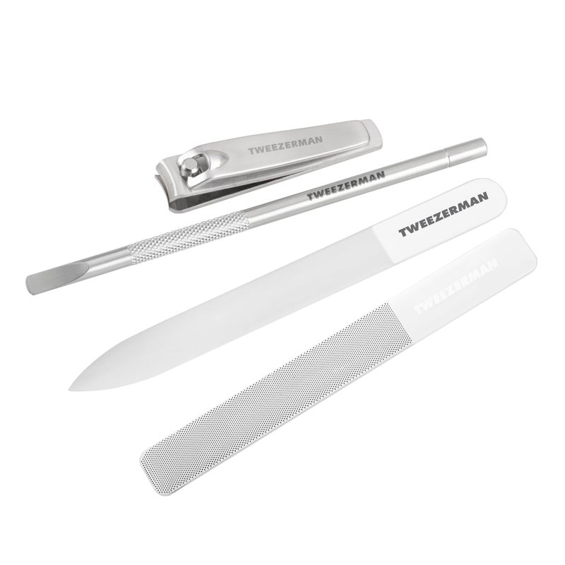 Tweezerman Glass Manicure Set Includes Nail Clipper, Cuticle Pusher, Glass Nail File, and Nail Buffer - Image 1