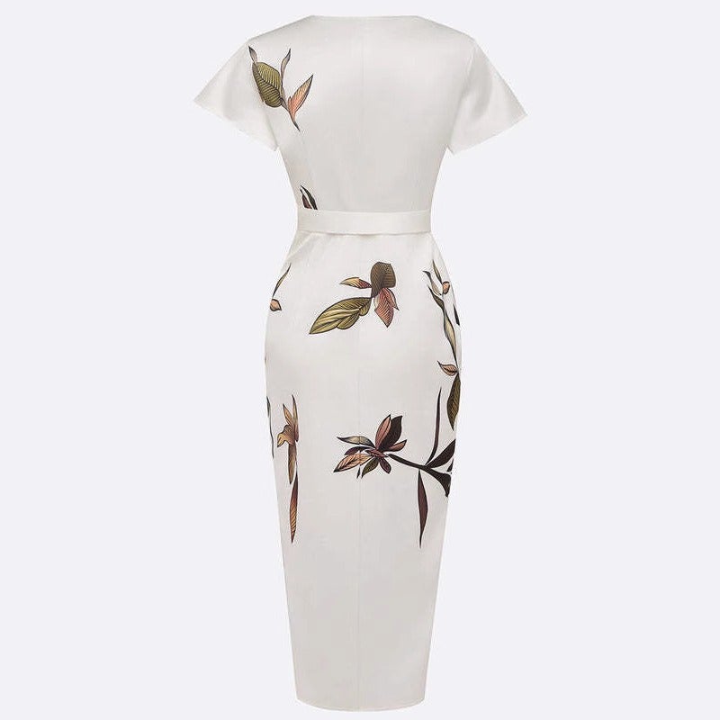 2025 Fashionable New Satin Printed Belted Dress - Image 5