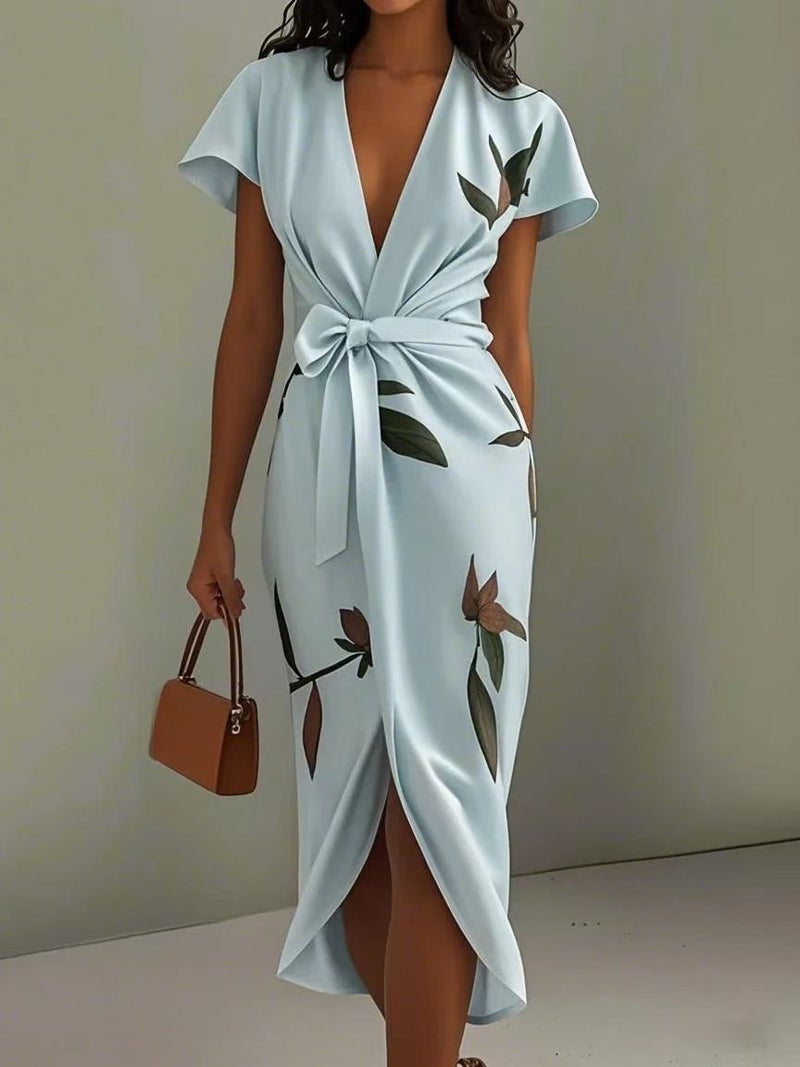 2025 Fashionable New Satin Printed Belted Dress - Image 1
