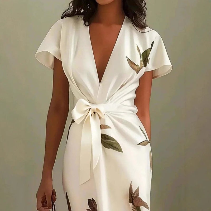 2025 Fashionable New Satin Printed Belted Dress - Image 2