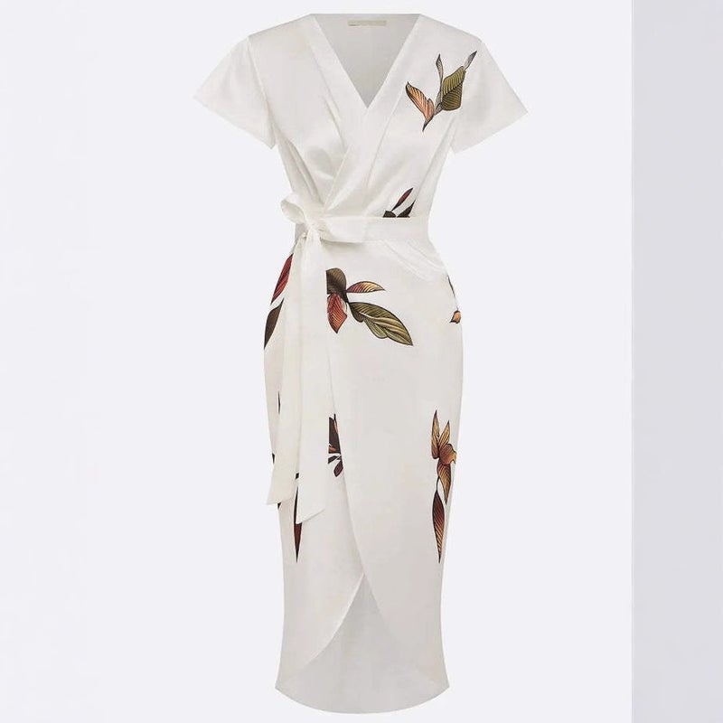 2025 Fashionable New Satin Printed Belted Dress - Image 4