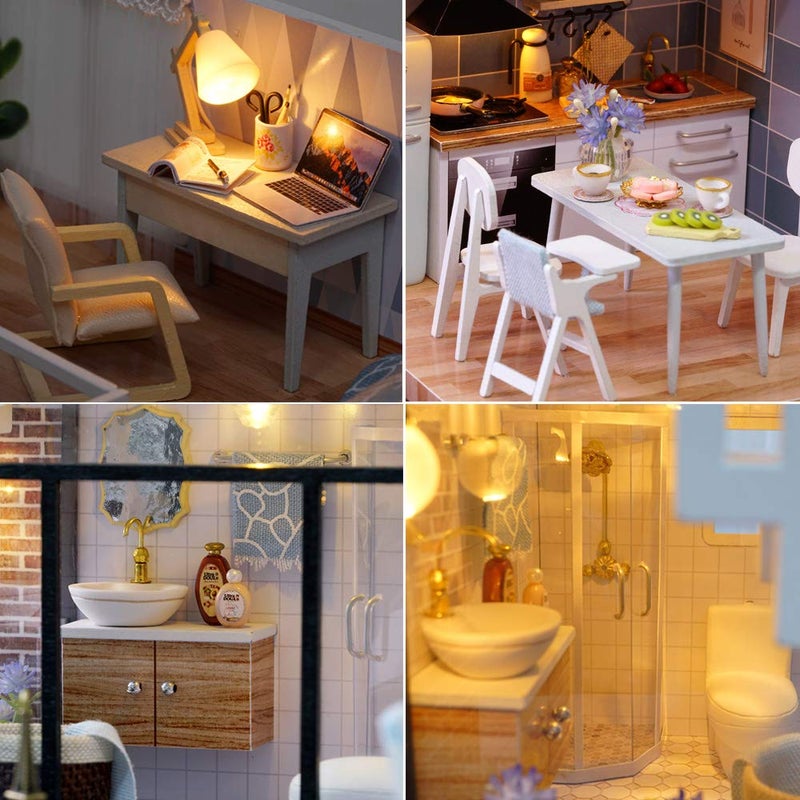 MAGQOO 3D Wooden Dollhouse Miniature DIY House Kit with Furniture,1:24 DIY Dollhouse Kit Dust Proof Included (Blue Times) - Image 5