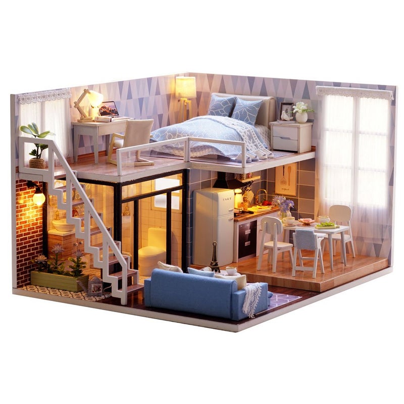 MAGQOO 3D Wooden Dollhouse Miniature DIY House Kit with Furniture,1:24 DIY Dollhouse Kit Dust Proof Included (Blue Times) - Image 1