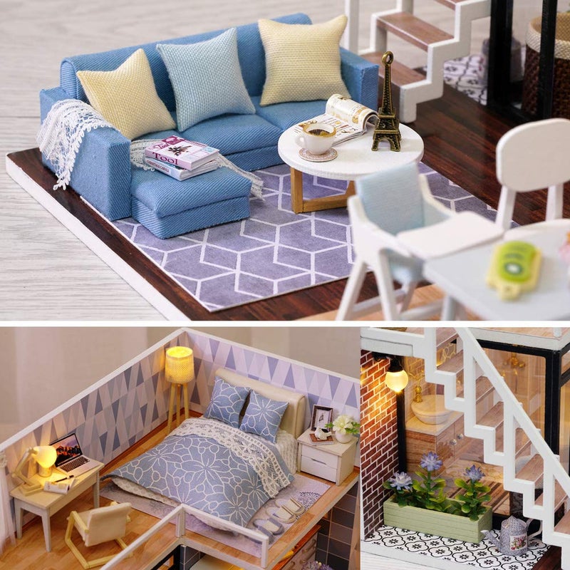 MAGQOO 3D Wooden Dollhouse Miniature DIY House Kit with Furniture,1:24 DIY Dollhouse Kit Dust Proof Included (Blue Times) - Image 4