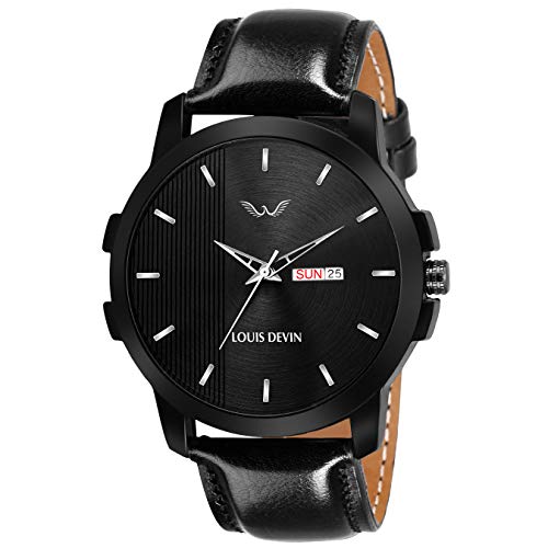 LOUIS DEVIN Leather Analog Boy Watch - Black Dial, Black Strap - Image 1